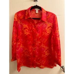 Drapers & Damons Women VTG Red‎ Orange Crinkle Sheer Shoulder Pads Button 80s M